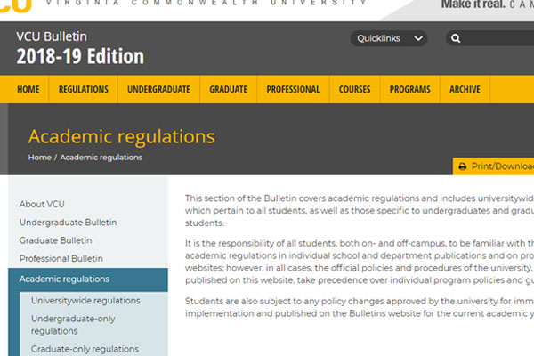 A screenshot from the VCU Bulletins website